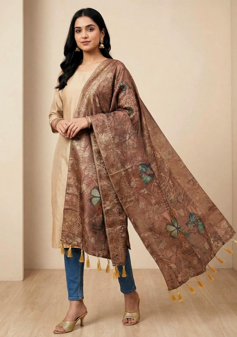 Brown Printed Jacquard Dupatta - Indya