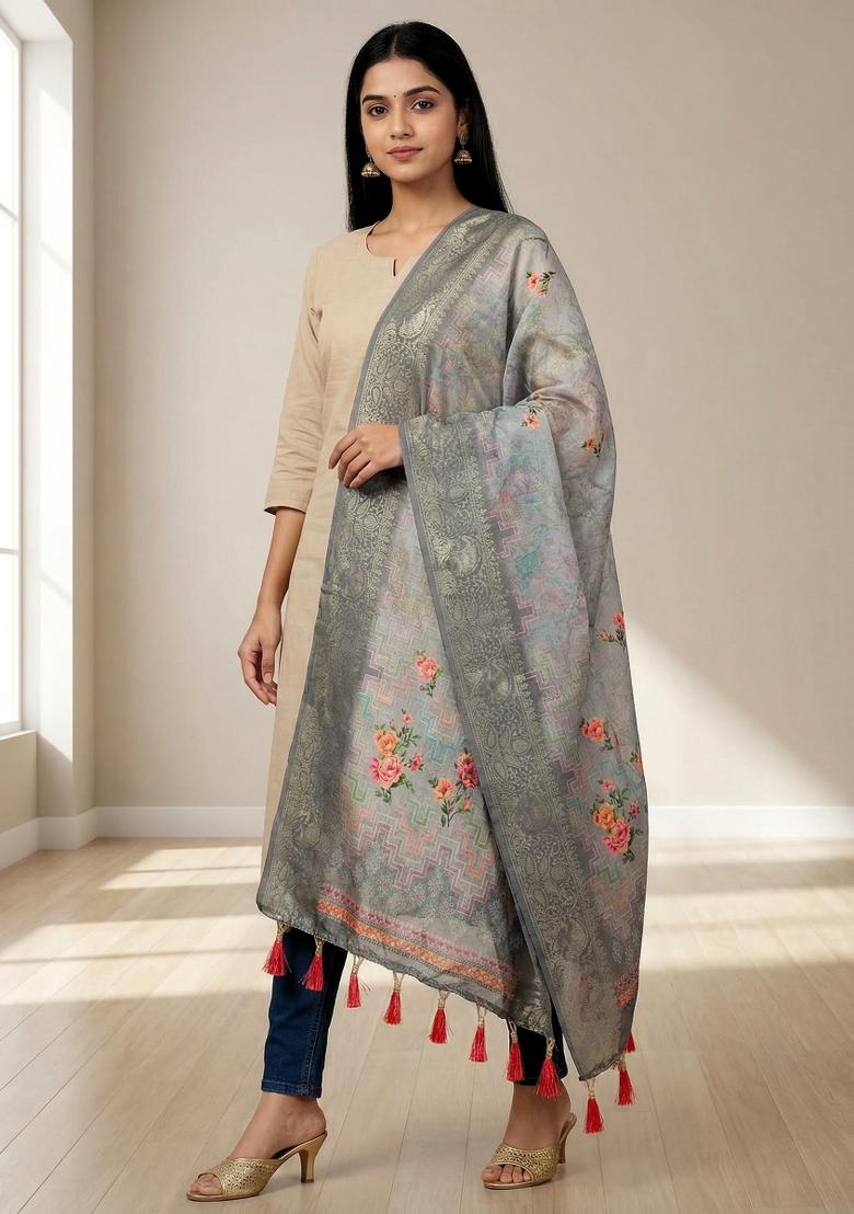 Grey Printed Jacquard Dupatta - Indya