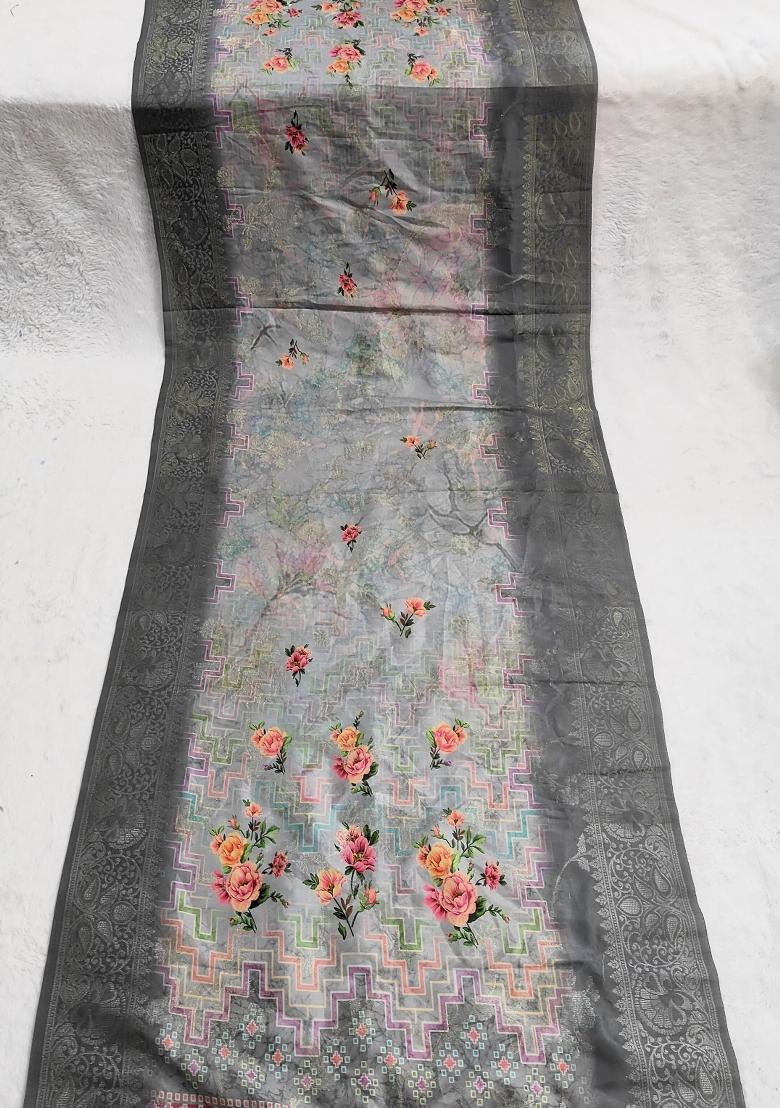 Grey Printed Jacquard Dupatta - Indya