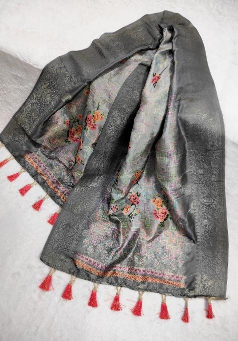 Grey Printed Jacquard Dupatta