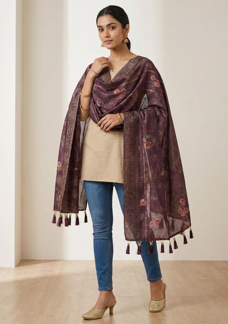 Purple Printed Jacquard Dupatta - Indya
