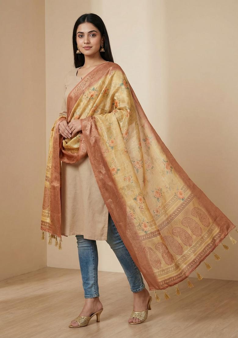 Yellow Printed Jacquard Dupatta - Indya