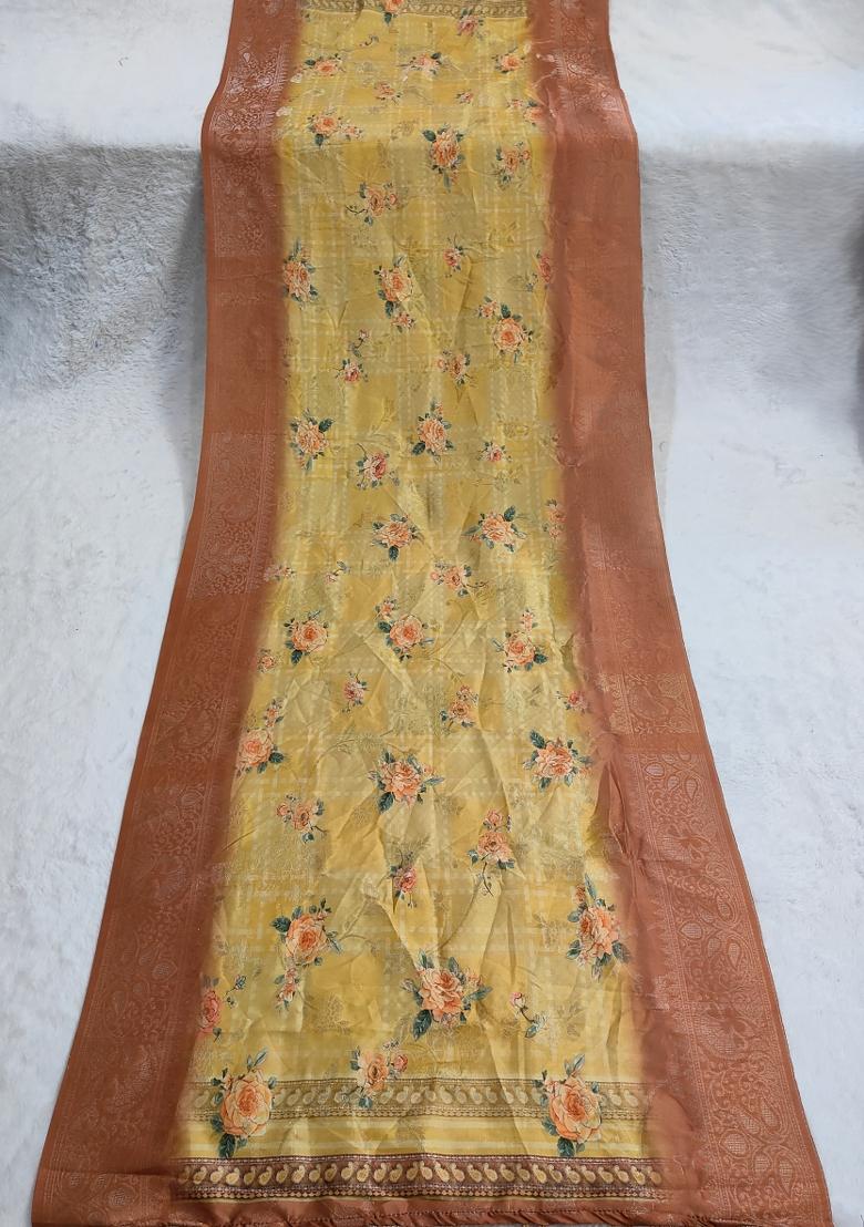 Yellow Printed Jacquard Dupatta - Indya