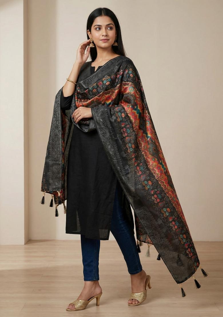 Black Printed Jacquard Dupatta - Indya
