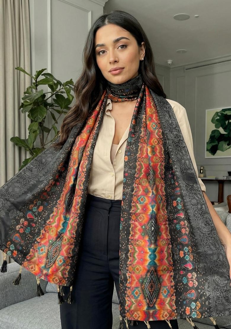 Black Printed Jacquard Dupatta - Indya