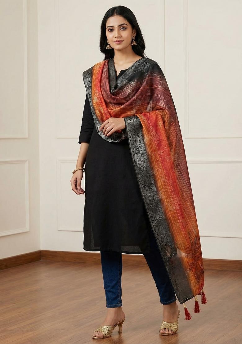 Black Printed Jacquard Dupatta - Indya