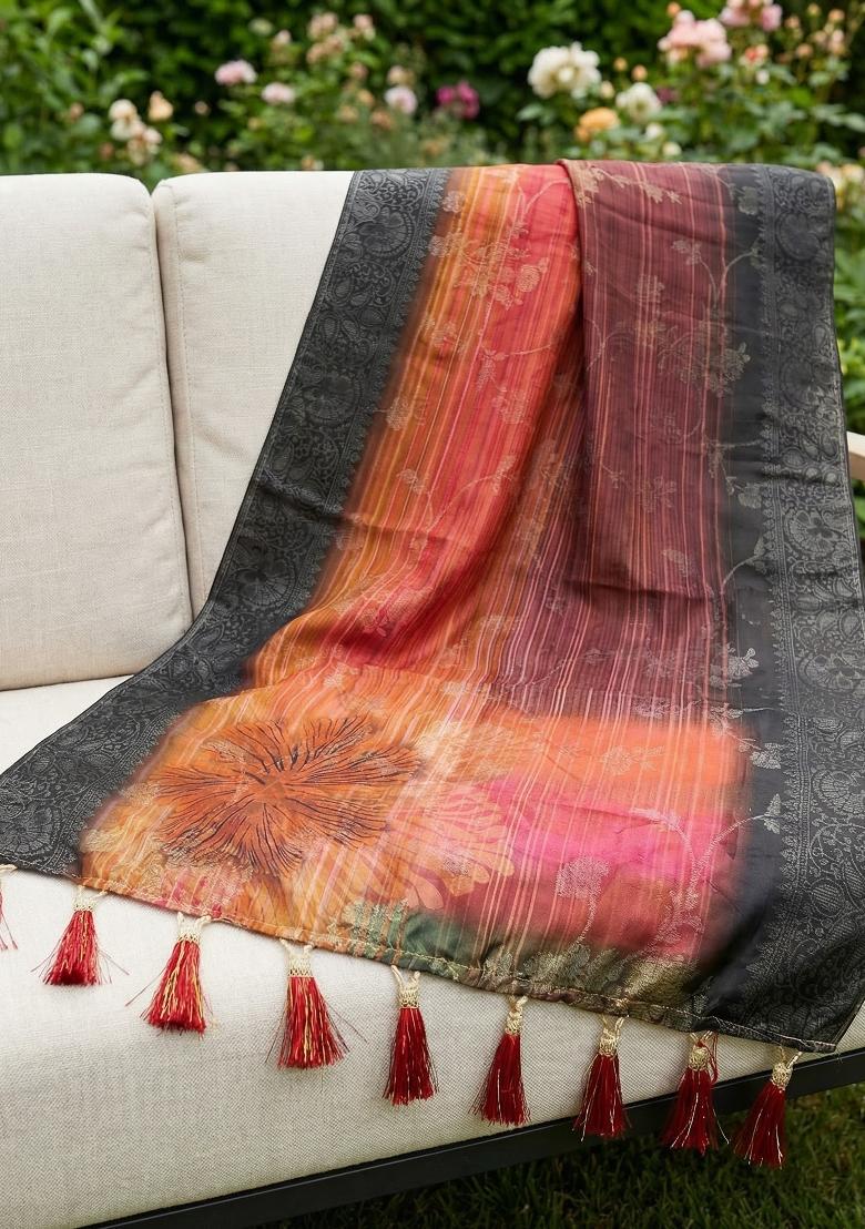 Black Printed Jacquard Dupatta - Indya