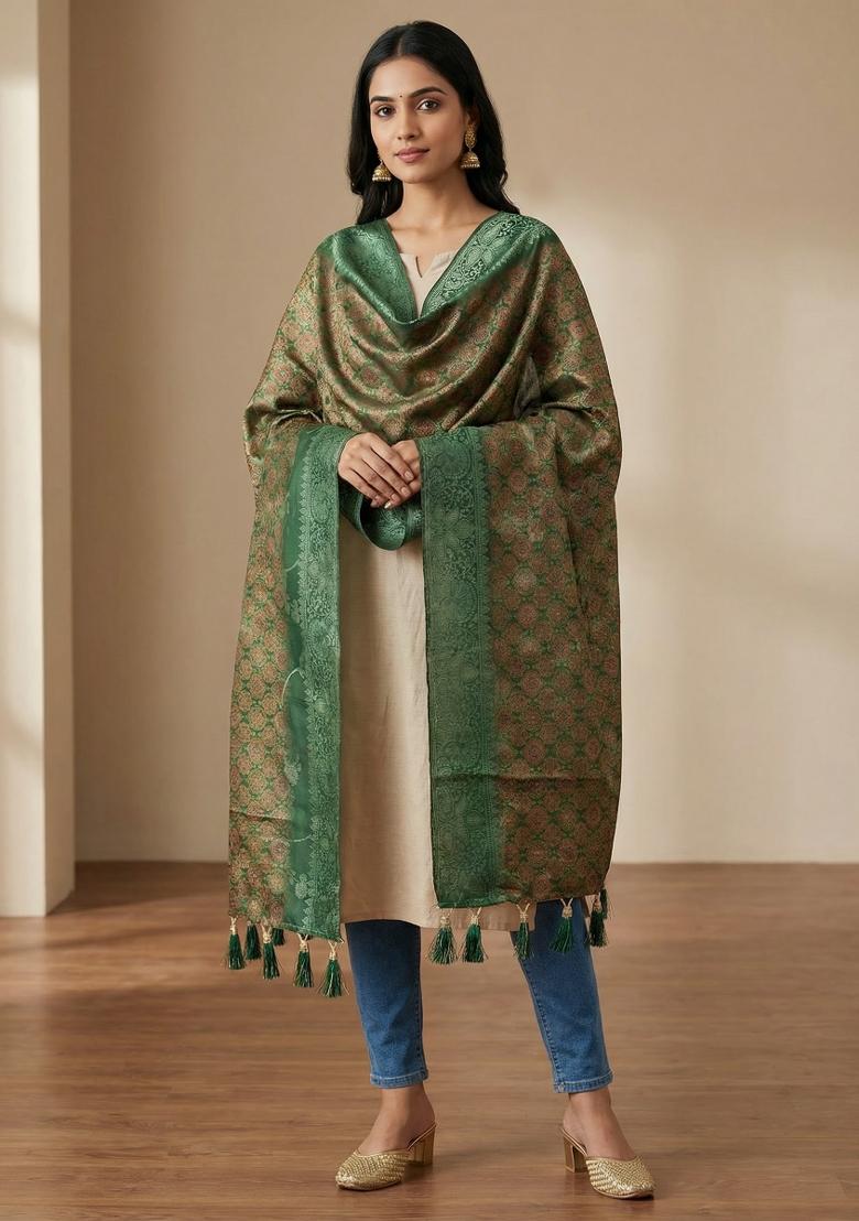Green Printed Jacquard Dupatta - Indya