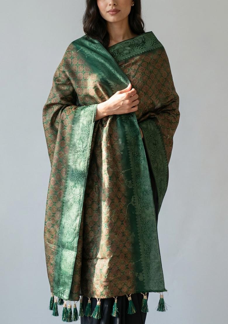 Green Printed Jacquard Dupatta - Indya