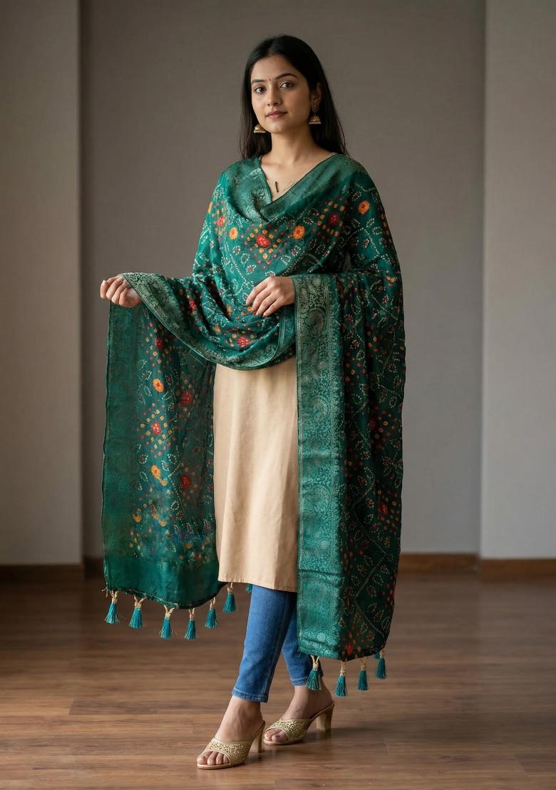 Teal Printed Jacquard Dupatta - Indya