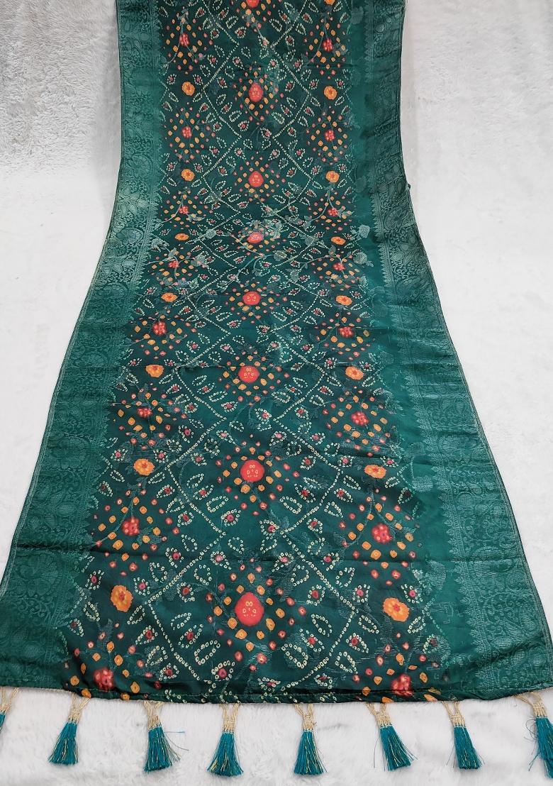 Teal Printed Jacquard Dupatta - Indya