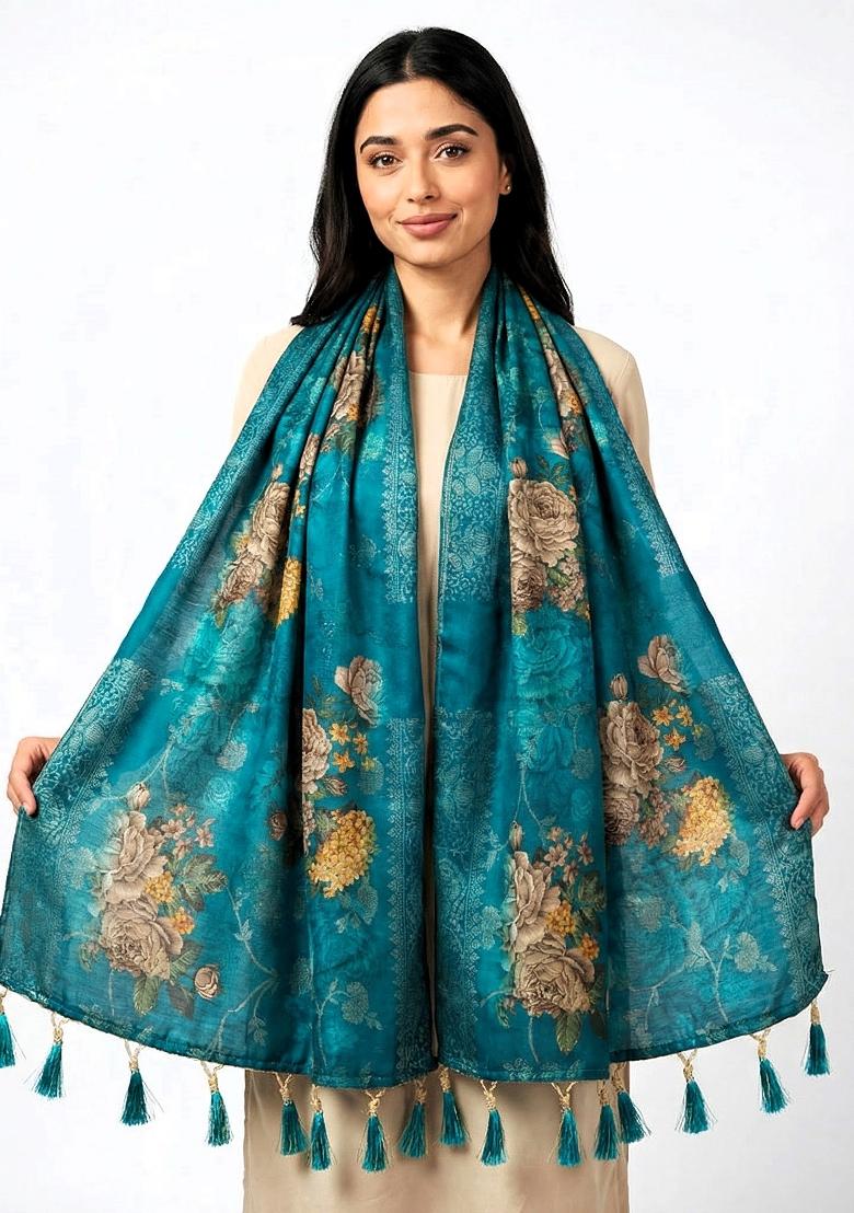 Teal Printed Jacquard Dupatta - Indya