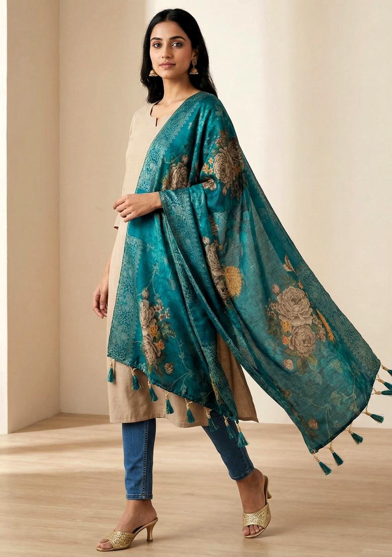 Teal Printed Jacquard Dupatta - Indya