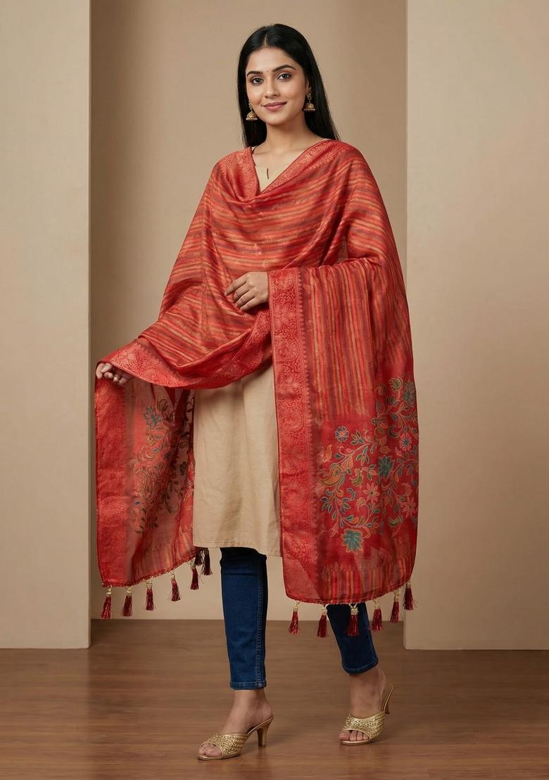 Red Printed Jacquard Dupatta - Indya