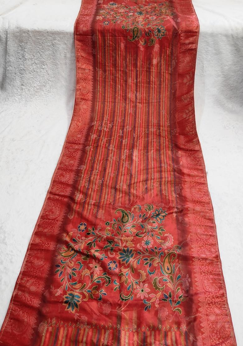 Red Printed Jacquard Dupatta - Indya
