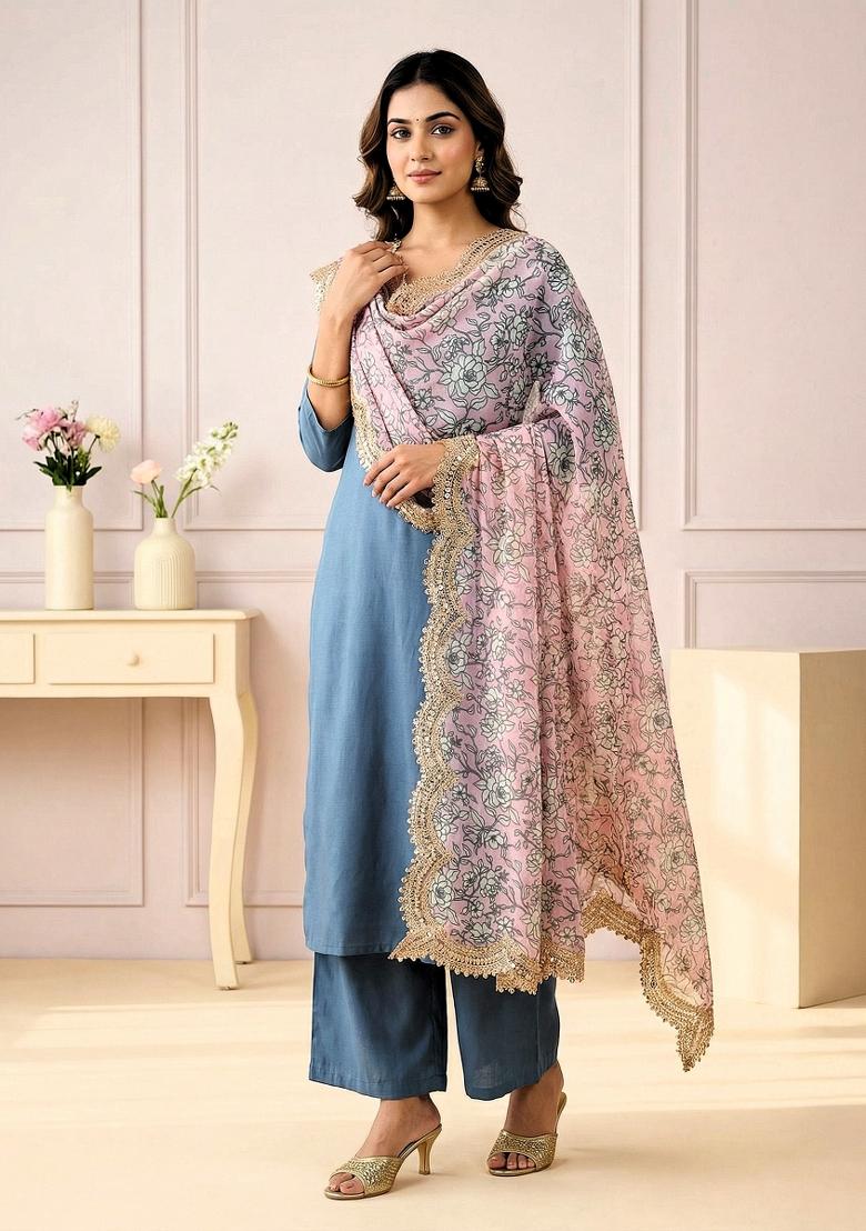 Baby Pink Printed Satin Dupatta - Indya