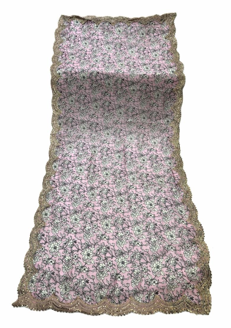 Baby Pink Printed Satin Dupatta - Indya