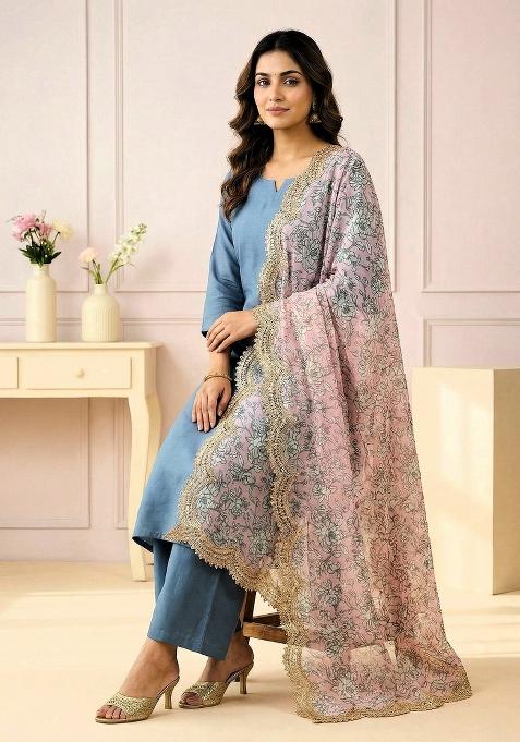 Baby Pink Printed Satin Dupatta