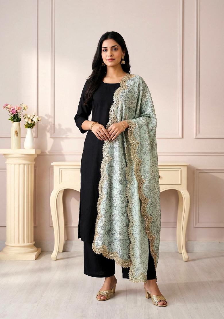 Light Green Printed Satin Dupatta - Indya