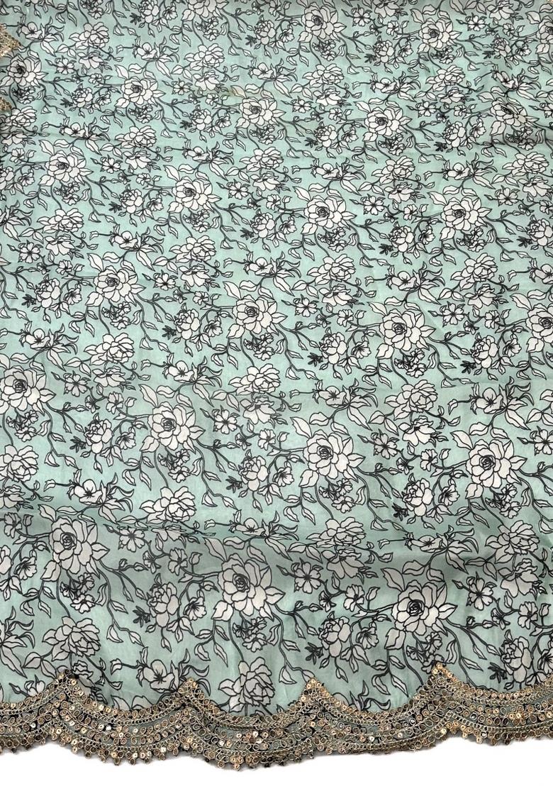 Light Green Printed Satin Dupatta - Indya