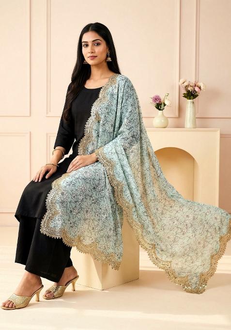 Light Green Printed Satin Dupatta