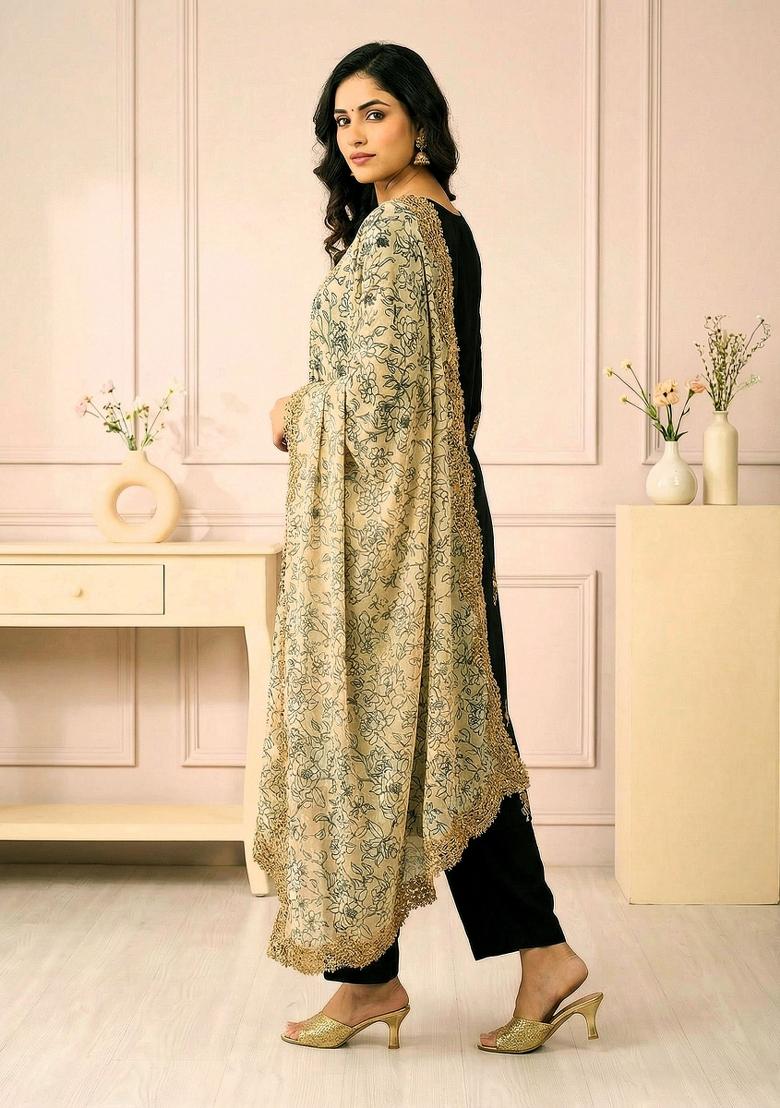 Light Yellow Printed Satin Dupatta - Indya