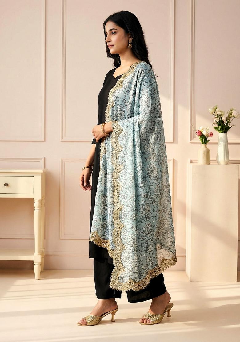 Sky Blue Printed Satin Dupatta - Indya