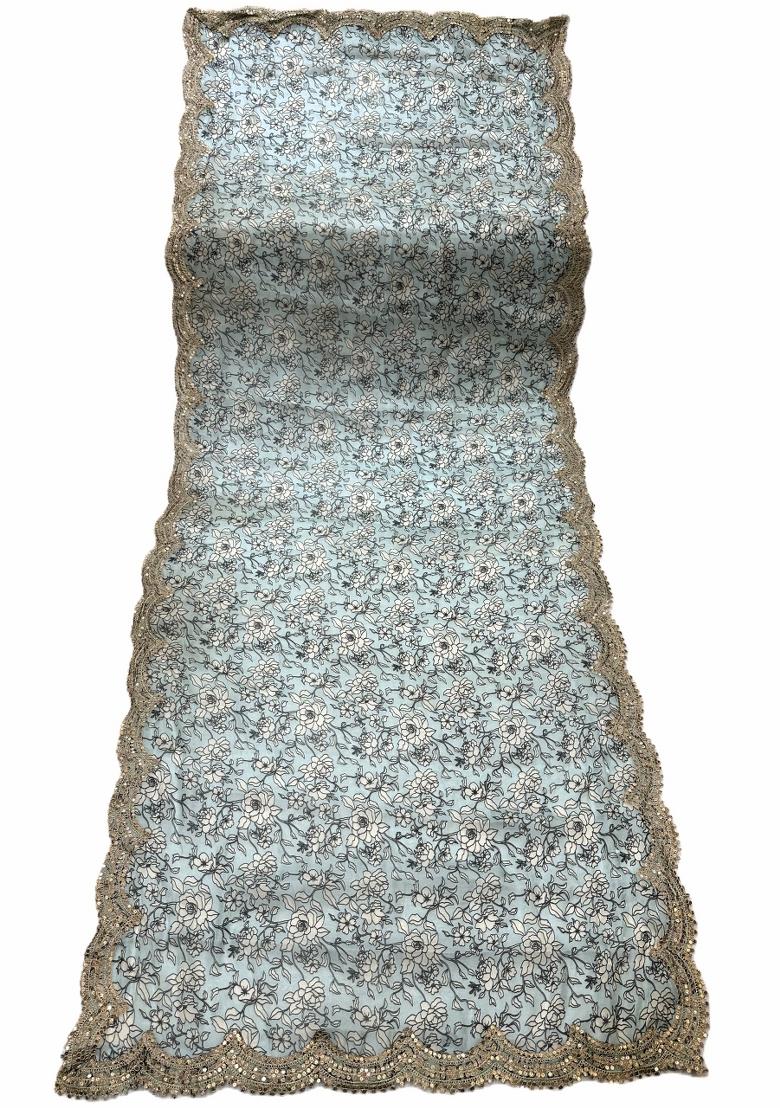 Sky Blue Printed Satin Dupatta - Indya