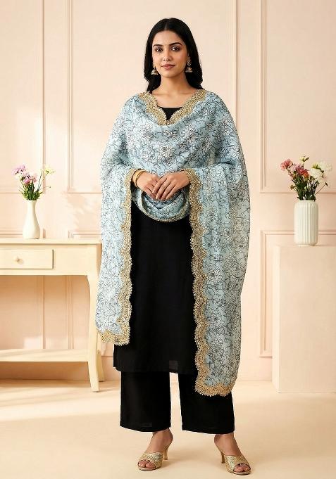 Sky Blue Printed Satin Dupatta