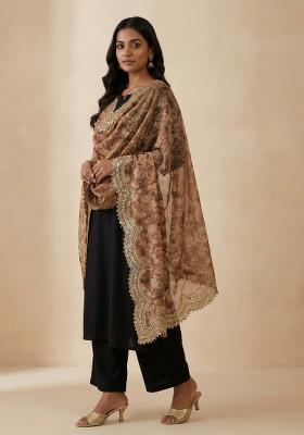 Brown Printed Satin Dupatta