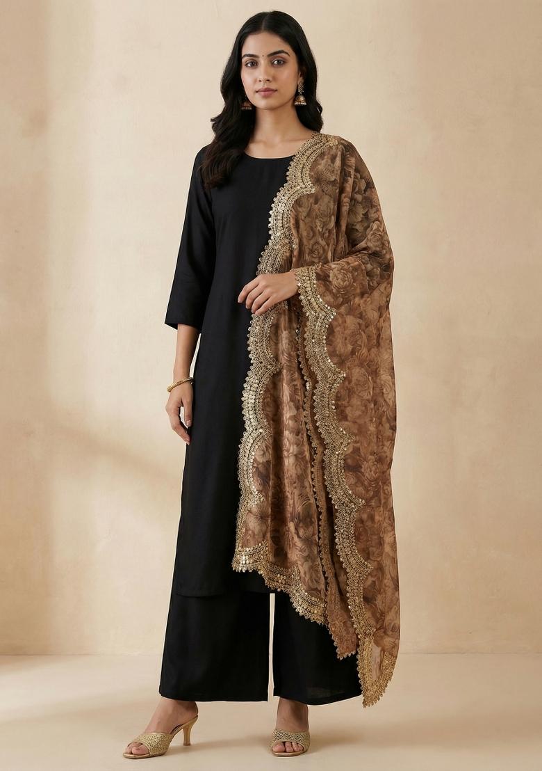 Brown Printed Satin Dupatta - Indya