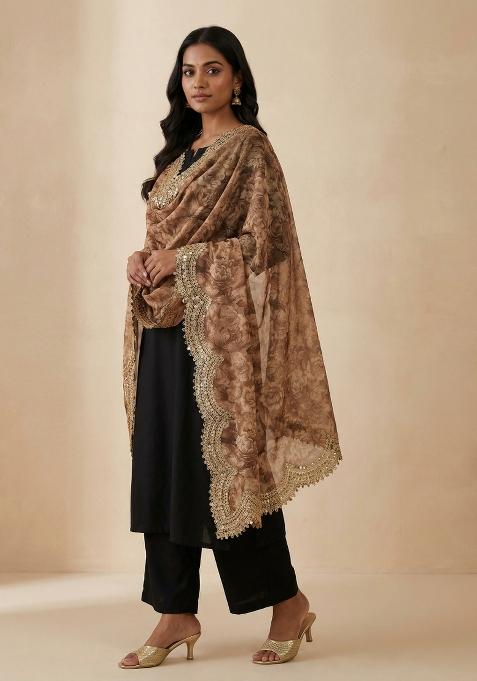 Brown Printed Satin Dupatta