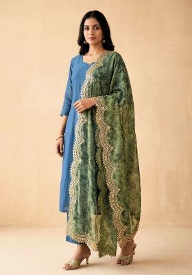 Green Printed Satin Dupatta