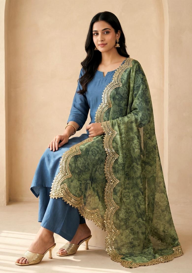 Green Printed Satin Dupatta - Indya