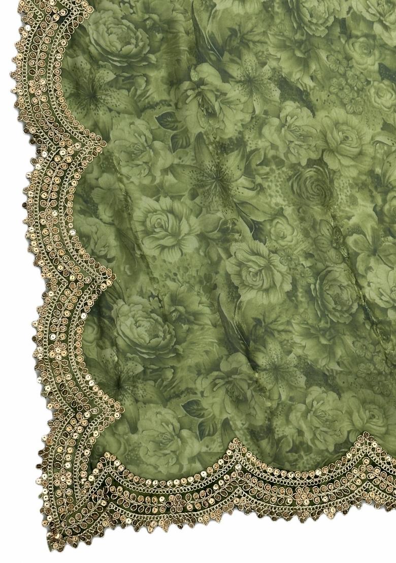 Green Printed Satin Dupatta - Indya