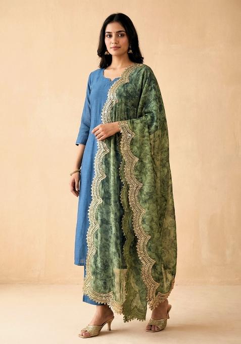 Green Printed Satin Dupatta