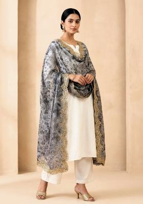Grey Printed Satin Dupatta