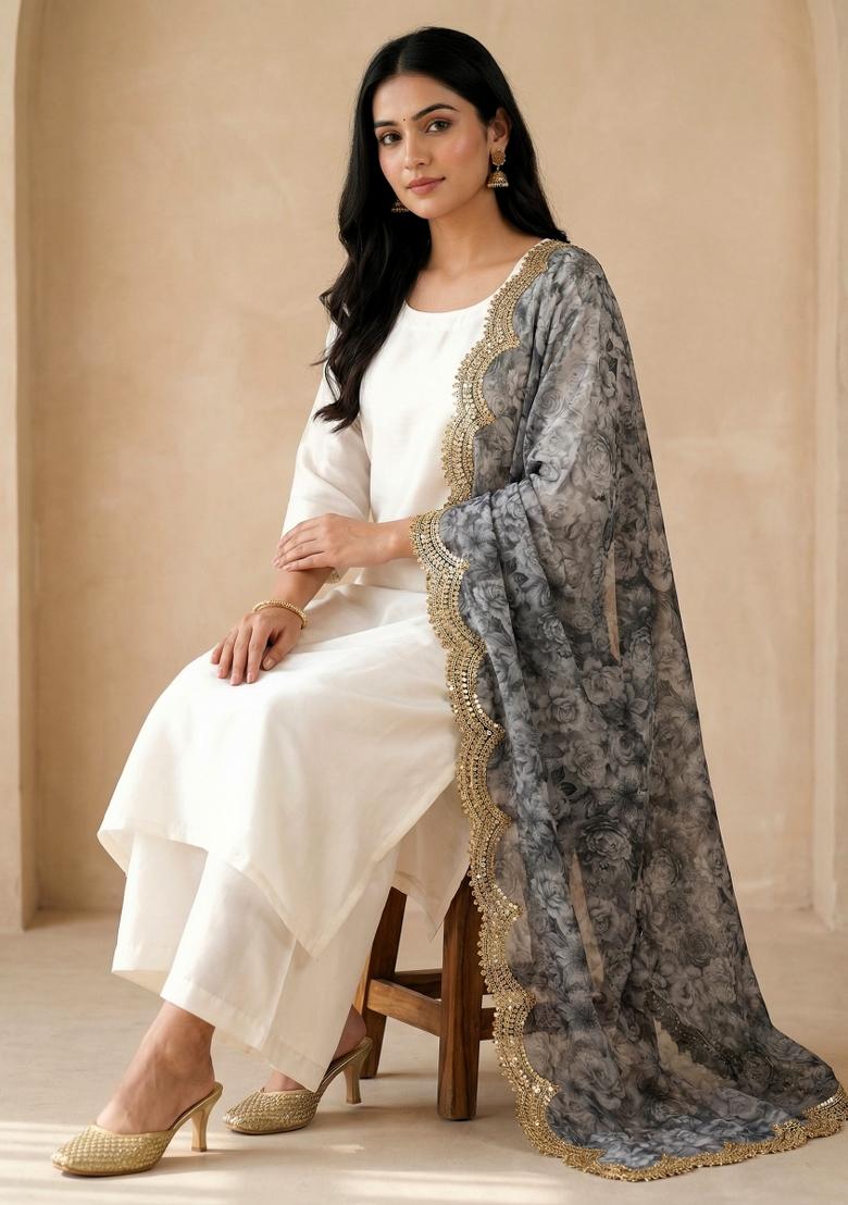 Grey Printed Satin Dupatta - Indya