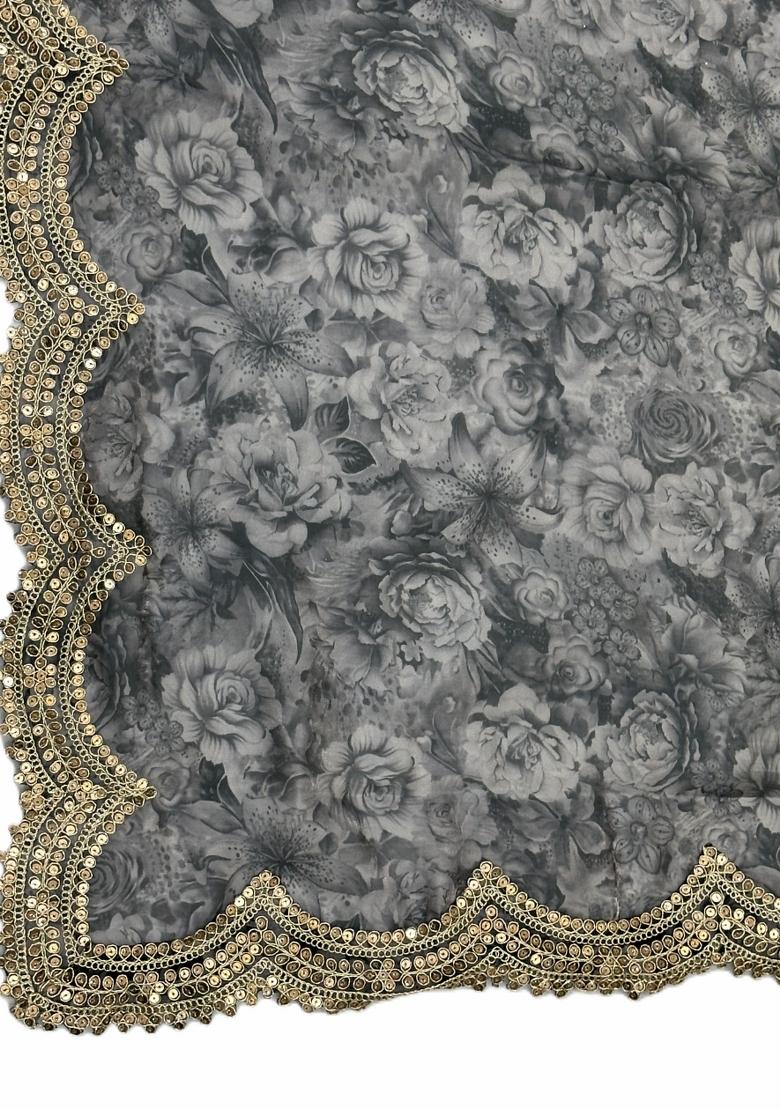 Grey Printed Satin Dupatta - Indya