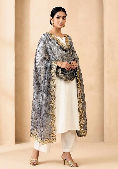 Grey Printed Satin Dupatta