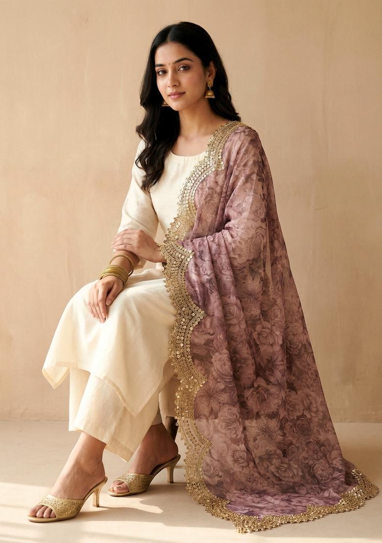 Purple Printed Satin Dupatta - Indya