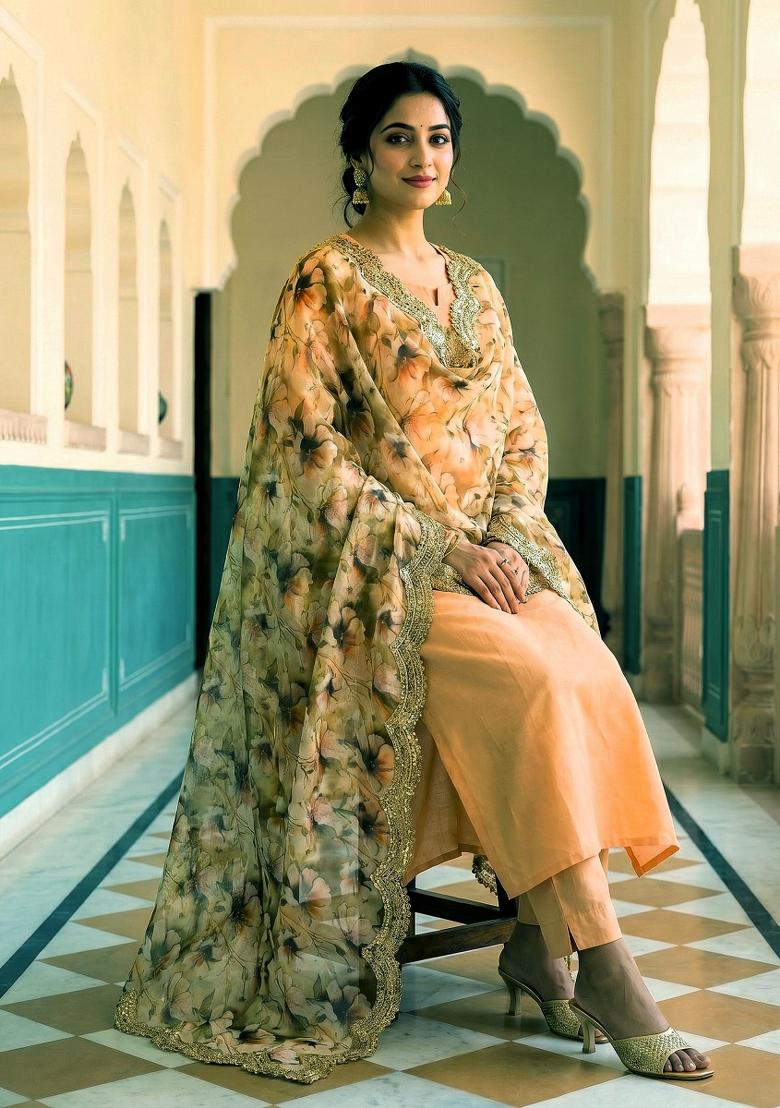 Mehendi Printed Satin Dupatta - Indya