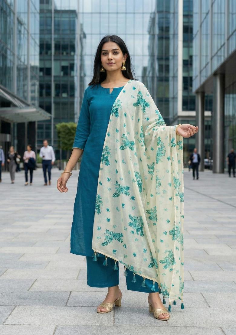 Teal Printed Chanderi Dupatta - Indya