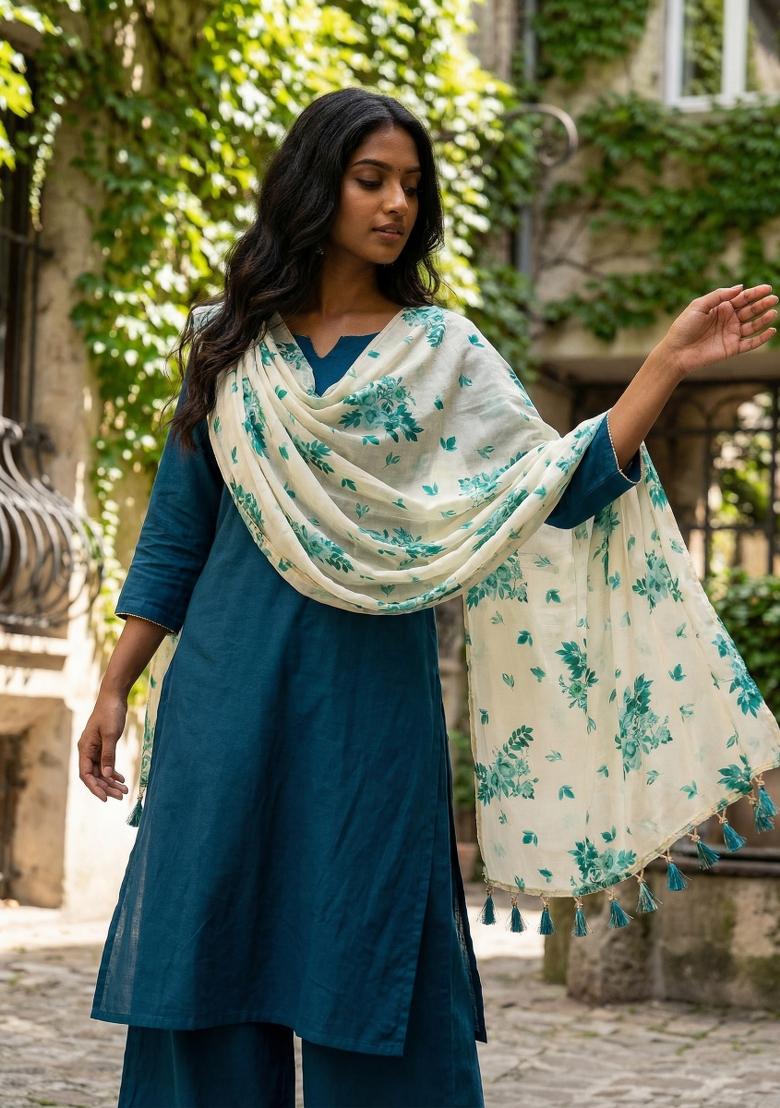 Teal Printed Chanderi Dupatta - Indya