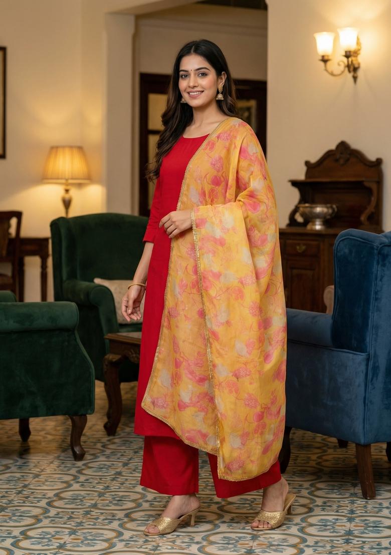 Mustard Printed Silk Dupatta - Indya