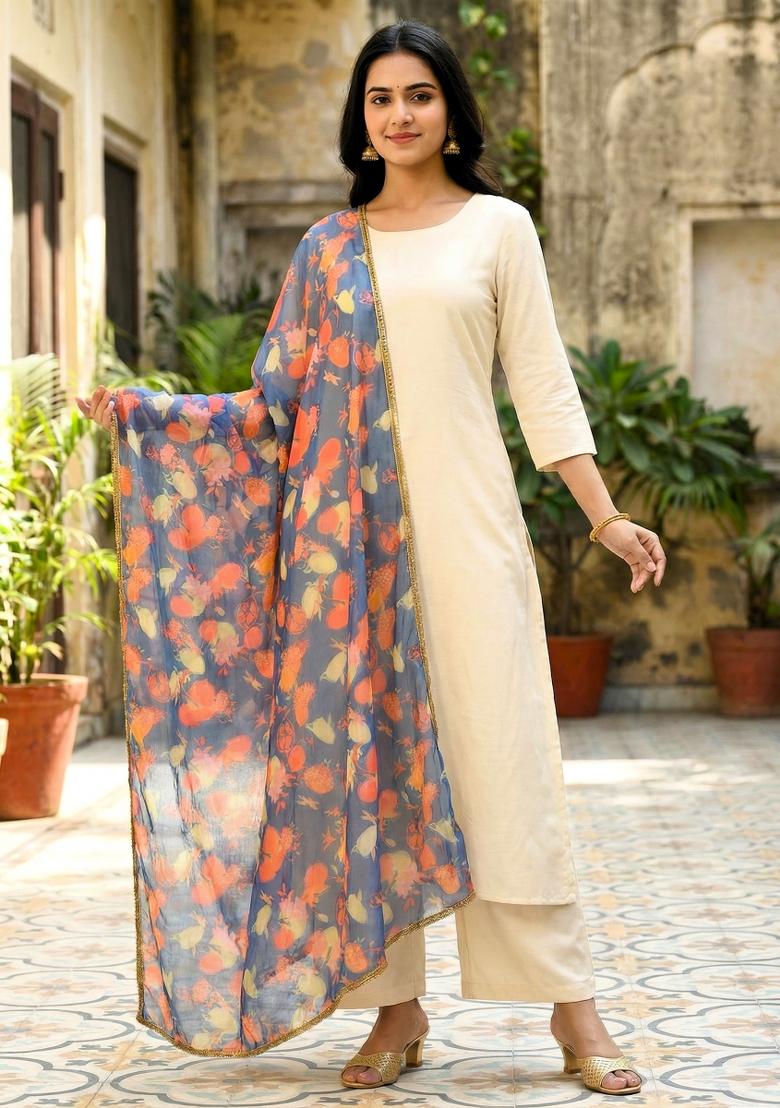 Blue Printed Silk Dupatta - Indya