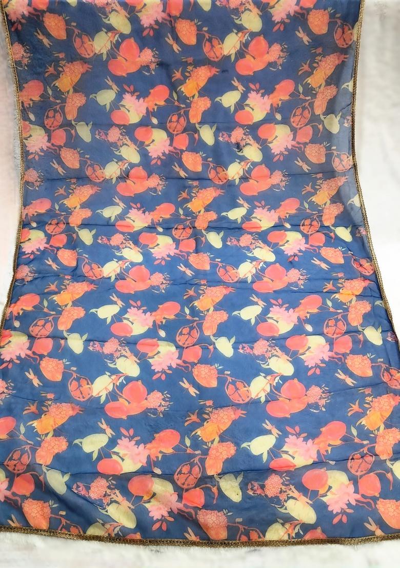 Blue Printed Silk Dupatta - Indya