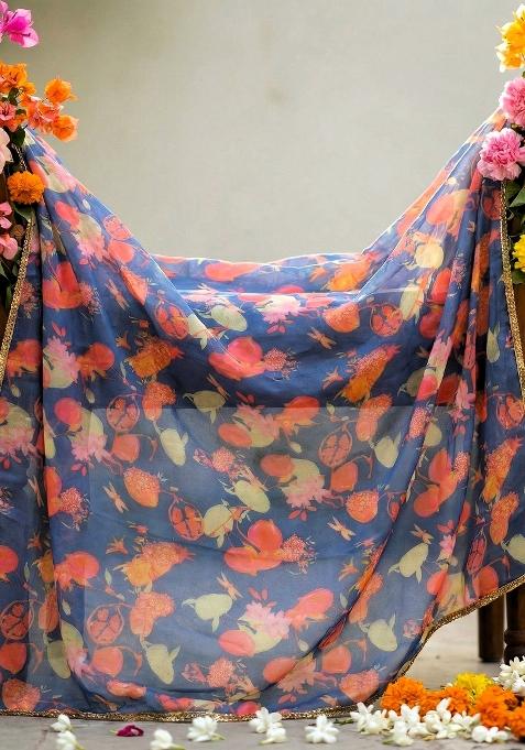 Blue Printed Silk Dupatta