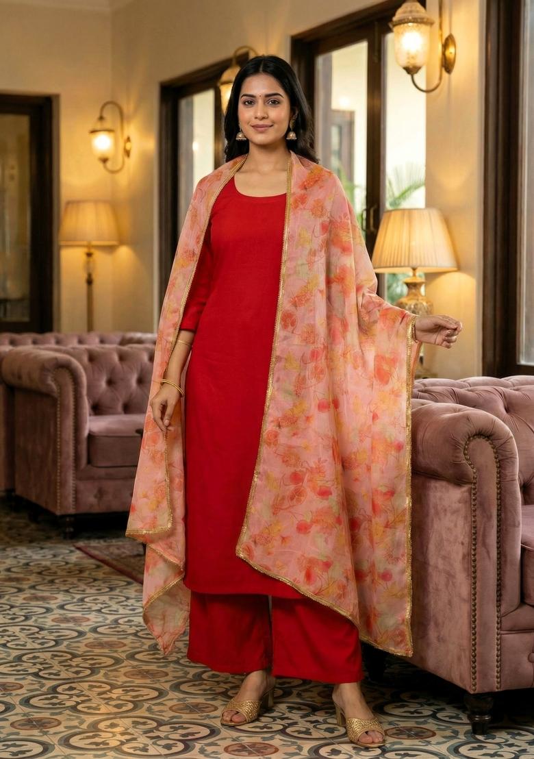 Peach Printed Silk Dupatta - Indya