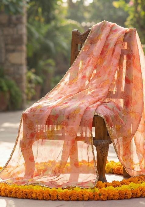 Peach Printed Silk Dupatta